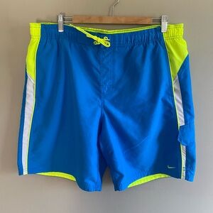 Nike Blue Mens Swim Shorts L Trunks Beach Board Surf Neon Lining‎ Y2K Swoosh